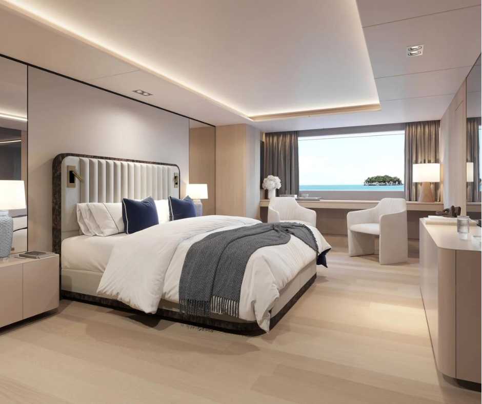Savoir Luna bed shown in a master bedroom on a yacht