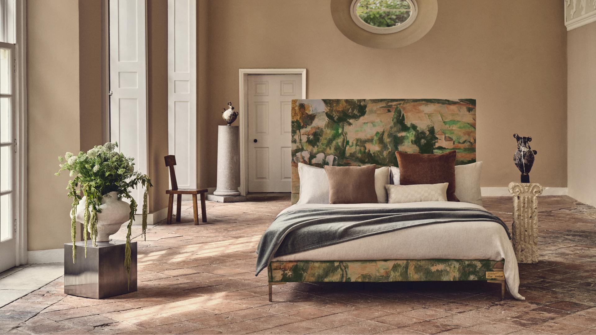 Our Savoir National Gallery bed upholstered in a specially printed cotton-linen fabric with Hillside in Provence.